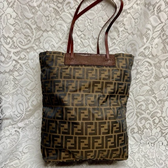 Vintage Fendi Zucca Brown Canvas Tote Hand Bag 14in x 13in x 4in - Picture 4 of 13